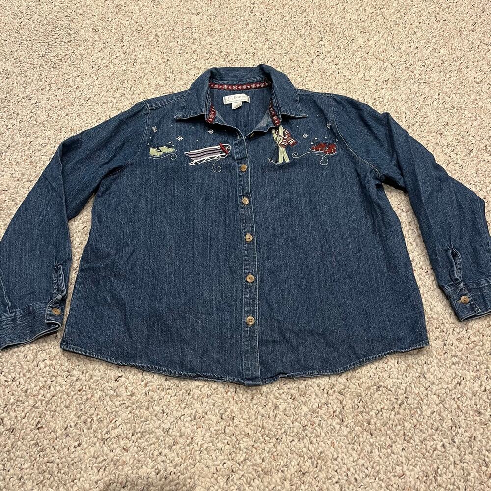 CJ Banks Denim Winter Scene Embroidered Button Down Shirt Sz 1X Holiday Ski Snow